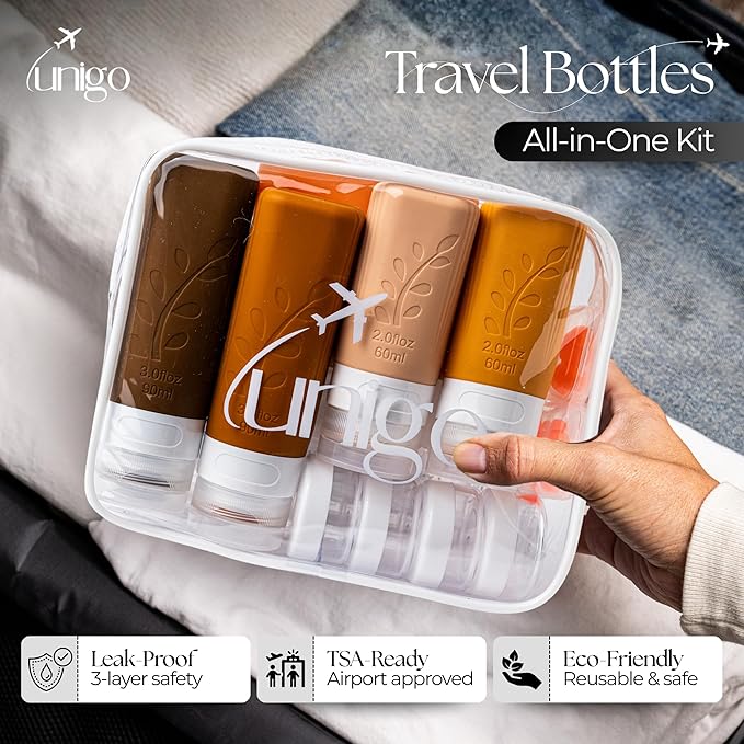 unigo Silicone Travel Bottles Set for Toiletries, Airplane Approved TSA Carry On Size, BPA Free Leakproof Refillable Squeeze Containers with Labels, Cleaning Brush and Covers (Apricot)