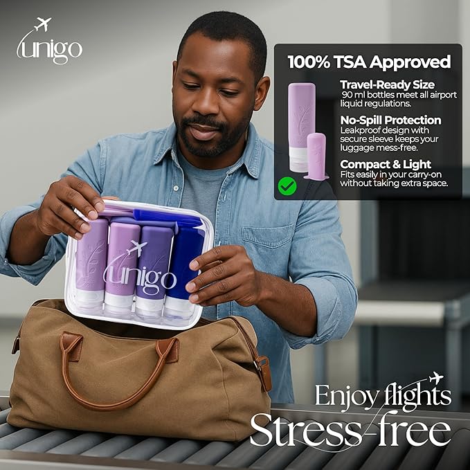 unigo Silicone Travel Bottles Set for Toiletries, Airplane Approved TSA Carry On Size, BPA Free Leakproof Refillable Squeeze Containers with Labels, Cleaning Brush and Covers (Purple)