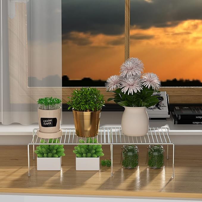 Redrubbit Cabinet Storage Shelf Rack, Expandable Metal Rustproof Kitchen Counter and Cabinet Shelf, Storage Rack Organizer Space Saver for Kitchen, Fridge, Cabinet, Bathroom, Chrome, Set of 4