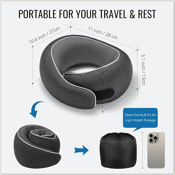 Travel Neck Pillow for Airplanes, Premium Memory Foam Neck Pillow with Ergonomic 360° Support, Travel Essentials for Plane, Car, Train and Home, Max Black