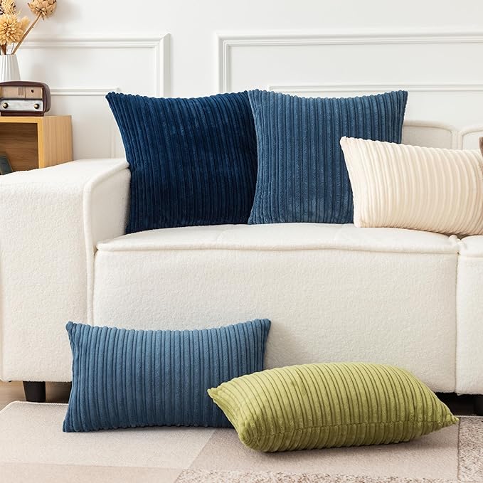 UGS UGASA Pack of 2, Velvet Pillow Covers Striped, Soft Textured Throw Cushion Case Set, Accent Corduroy Lumbar Pillowcases with Hidden Zipper for Home Decor Indoor Outdoor (12"x20", Navy Blue)