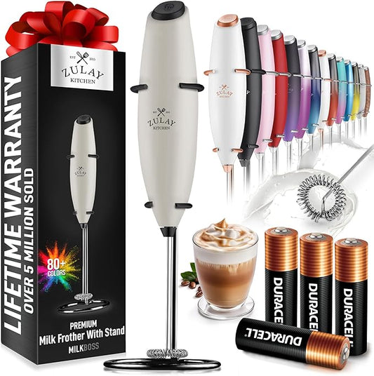 Zulay Kitchen Powerful Milk Frother Wand With 4 AA Duracell Batteries - Ultra Fast Handheld Drink Mixer - Electric Whisk Foam Maker for Coffee, Lattes, Cappuccino, Matcha & Creamer