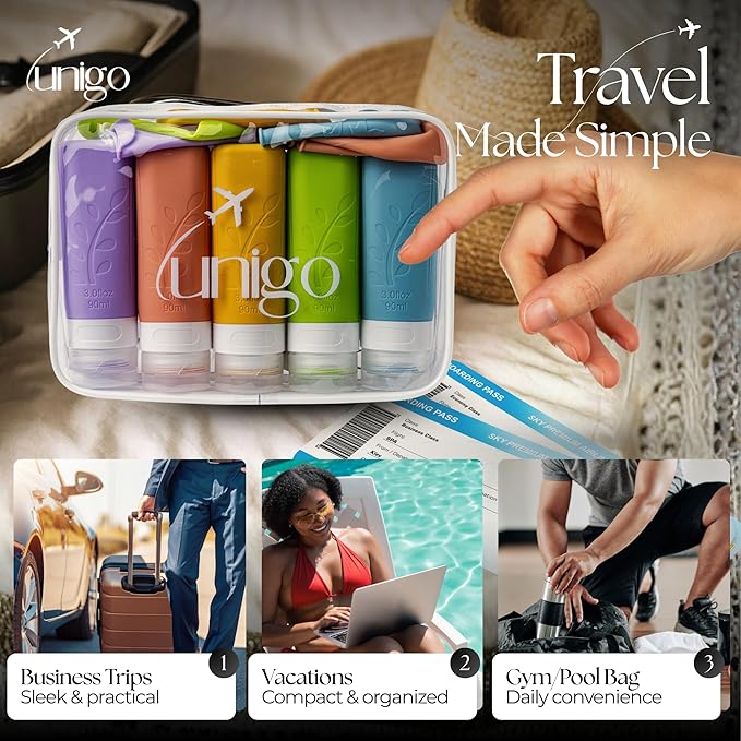 unigo Silicone Travel Bottles Set for Toiletries, Airplane Approved TSA Carry On Size, BPA Free Leakproof Refillable Squeeze Containers with Labels, Cleaning Brush and Covers (Multicolor B)
