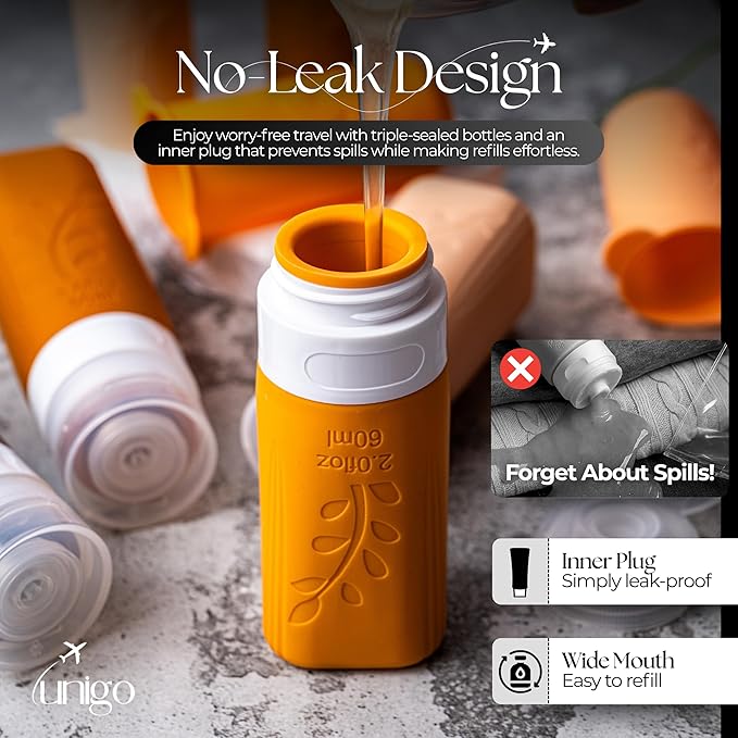 unigo Silicone Travel Bottles Set for Toiletries, Airplane Approved TSA Carry On Size, BPA Free Leakproof Refillable Squeeze Containers with Labels, Cleaning Brush and Covers (Apricot)