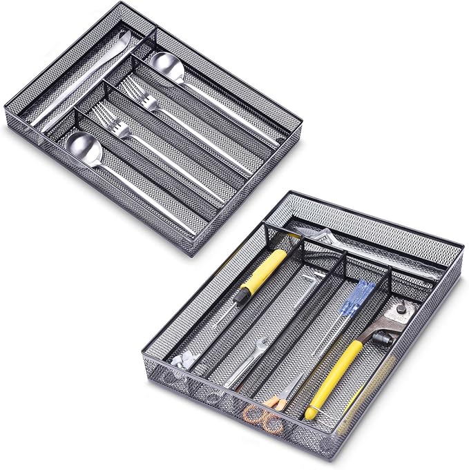 WuGeShop Office Desk Drawer Organizer, 5 Compartments Mesh Drawer Organizer Tray for Storage Art Supplies, Stationery, Black