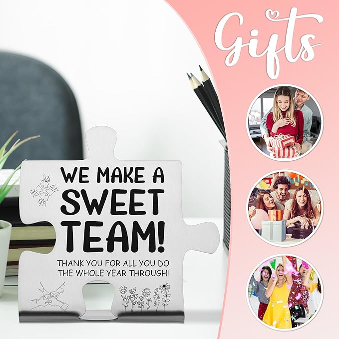 We Make a Sweet Team Puzzle Desk Sign, Engraved Stainless Steel Appreciation Gift for Coworkers Employees Volunteers, Thank You Motivational Office Decor Plaque for Year-End Team Recognition - FSD340