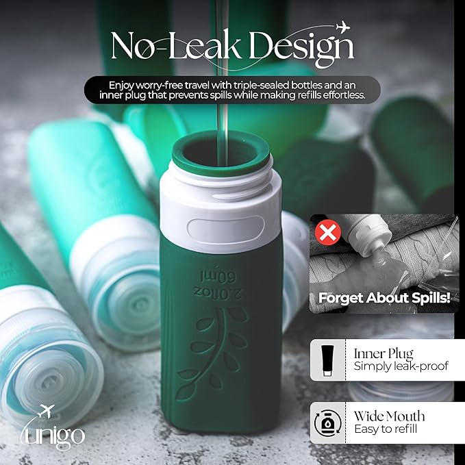 unigo Silicone Travel Bottles Set for Toiletries, Airplane Approved TSA Carry On Size, BPA Free Leakproof Refillable Squeeze Containers with Labels, Cleaning Brush and Covers (Green)