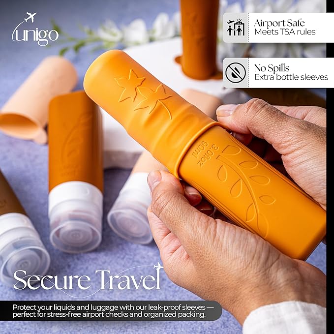 unigo Silicone Travel Bottles Set for Toiletries, Airplane Approved TSA Carry On Size, BPA Free Leakproof Refillable Squeeze Containers with Labels, Cleaning Brush and Covers (Apricot)