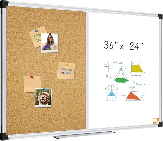 XBoard Magnetic White Board and Bulletin Corkboard Combination, 36 x 24 Inch Half Dry Erase & Cork Combo Board for Wall with Aluminum Frame, 3' x 2' Notice Memo Board Tack Pin Board Vision Board