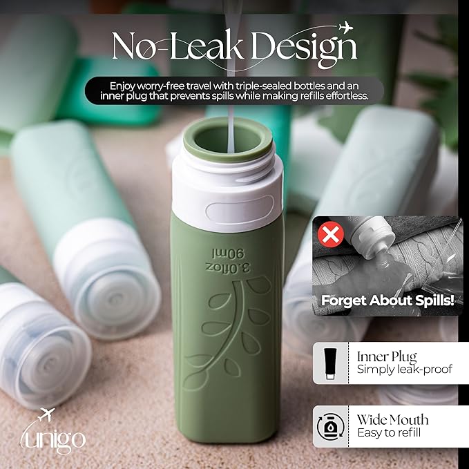 unigo Silicone Travel Bottles Set for Toiletries, Airplane Approved TSA Carry On Size, BPA Free Leakproof Refillable Squeeze Containers with Labels, Cleaning Brush and Covers (Green)