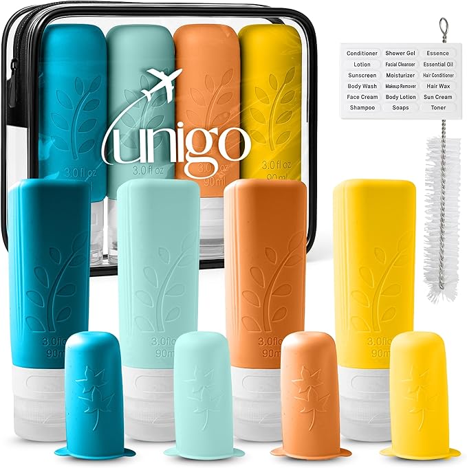 unigo Silicone Travel Bottles Set for Toiletries, Airplane Approved TSA Carry On Size, BPA Free Leakproof Refillable Squeeze Containers with Labels, Cleaning Brush and Covers (Multicolor B)