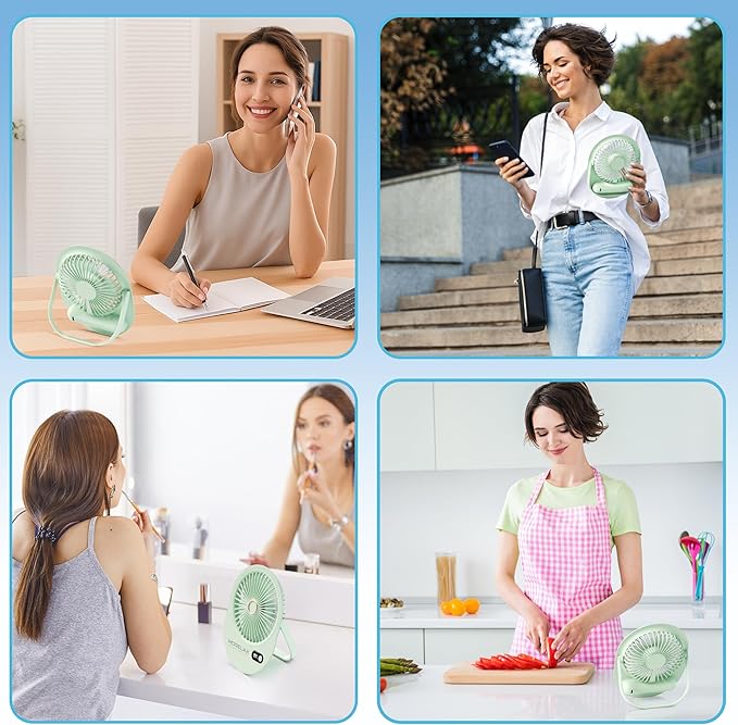 USB Desk Fan,3 IN 1 Rechargeable Portable Fan,180 Adjustable,6 Speed Strong Wind,Mini Personal Desktop Fan for Travel/Cruise/Bedroom/Office/Indoor/Outdoor,Desk Accessories for Women/Men/girls (Green)