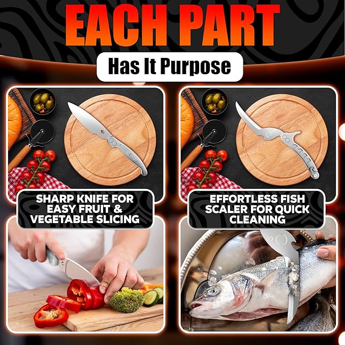 4-in-1 Multifunctional Heavy Duty Kitchen Shears – Spring-Loaded Sharp Seafood, Fish, Turkey & Chicken Kitchen Utility Scissors | Non-Slip Handle, Safety Lock & Micro-Serrated Blades for Bones(Silver)