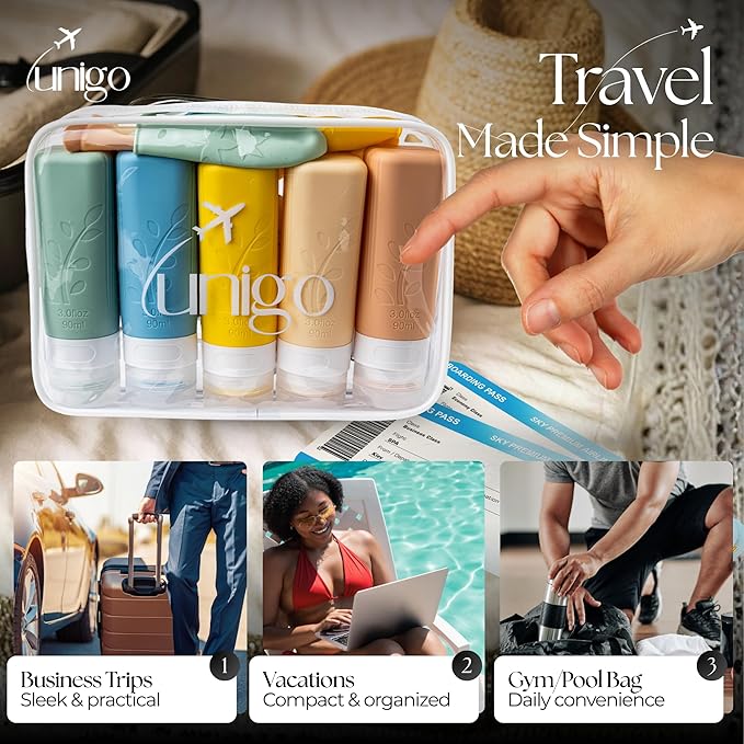 unigo Silicone Travel Bottles Set for Toiletries, Airplane Approved TSA Carry On Size, BPA Free Leakproof Refillable Squeeze Containers with Labels, Cleaning Brush and Covers (Multicolor A)