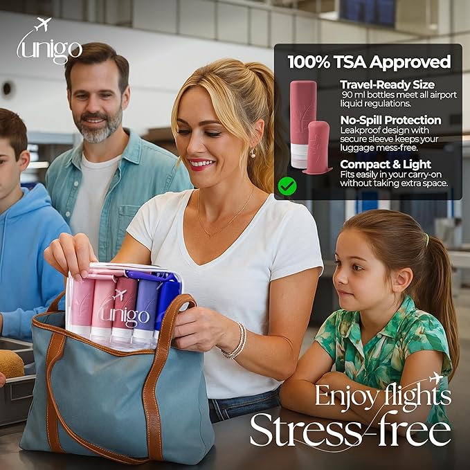 unigo Silicone Travel Bottles Set for Toiletries, Airplane Approved TSA Carry On Size, BPA Free Leakproof Refillable Squeeze Containers with Labels, Cleaning Brush and Covers (Purple)