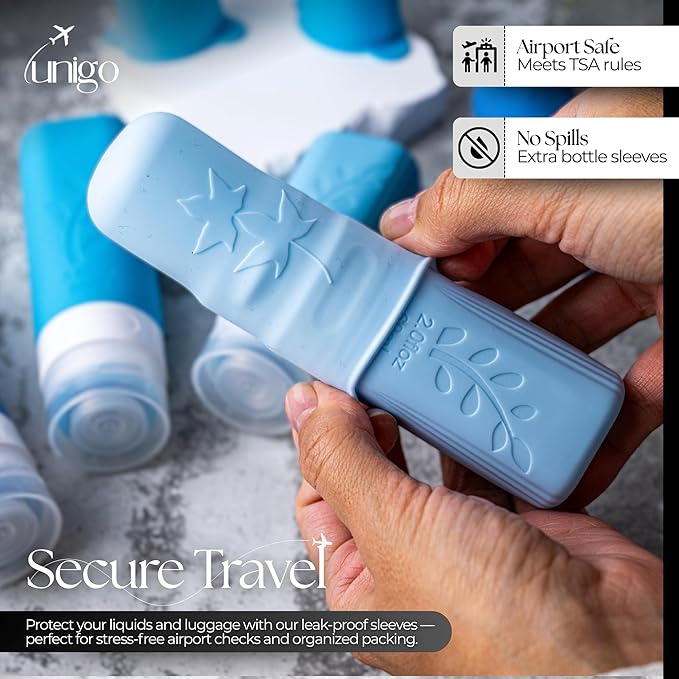 unigo Silicone Travel Bottles Set for Toiletries, Airplane Approved TSA Carry On Size, BPA Free Leakproof Refillable Squeeze Containers with Labels, Cleaning Brush and Covers (Blue)