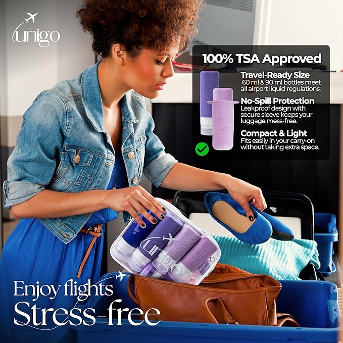 unigo Silicone Travel Bottles Set for Toiletries, Airplane Approved TSA Carry On Size, BPA Free Leakproof Refillable Squeeze Containers with Labels, Cleaning Brush and Covers (Purple)