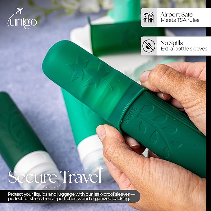 unigo Silicone Travel Bottles Set for Toiletries, Airplane Approved TSA Carry On Size, BPA Free Leakproof Refillable Squeeze Containers with Labels, Cleaning Brush and Covers (Green)