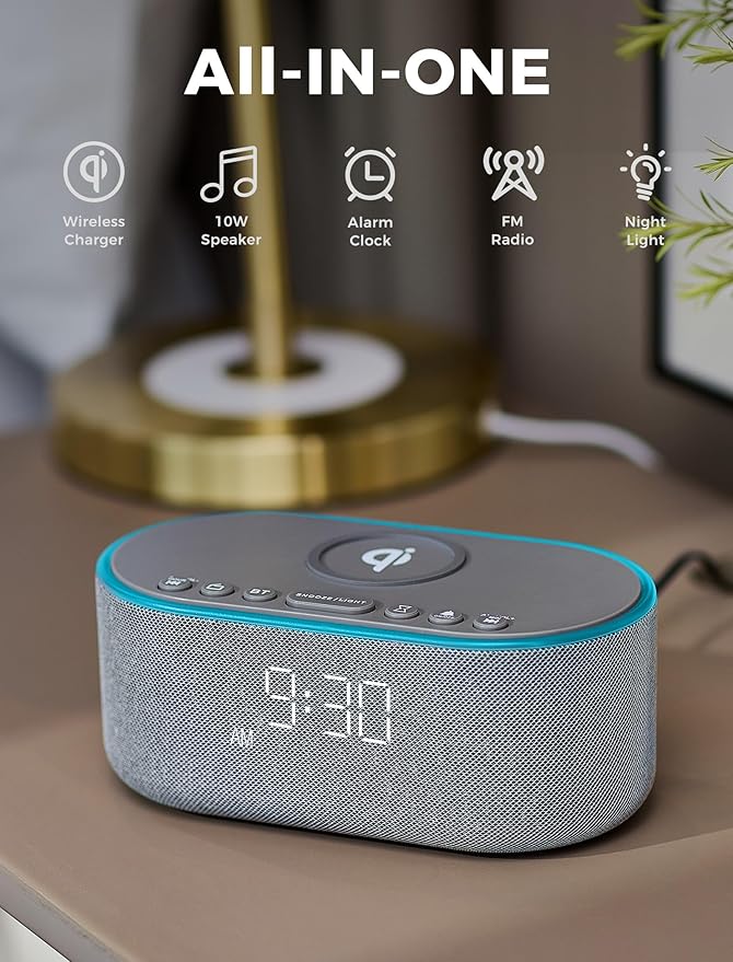 Wireless Charging Alarm Clock Radio: Qi Certified Fast Wireless Charger for iPhone Samsung - 10W Stereo Bluetooth Speaker - Dimmable Digital Clock with FM Radio for Bedroom Gray