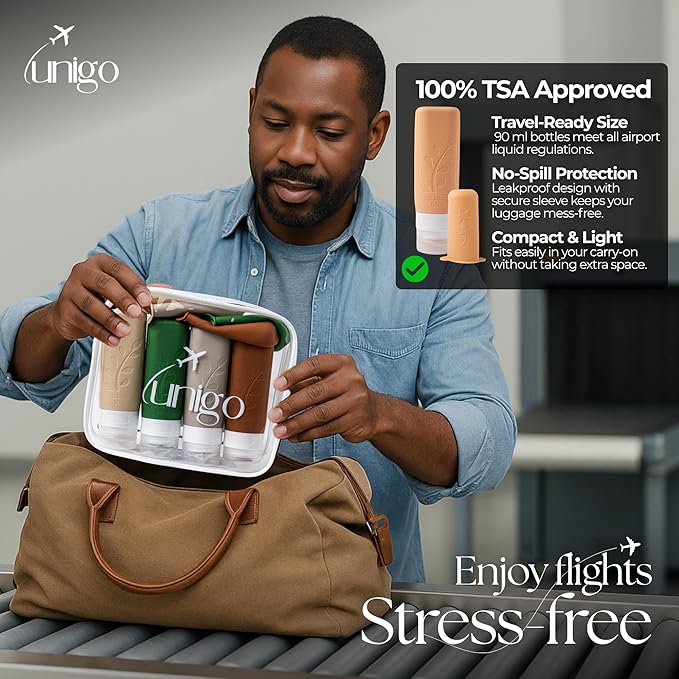 unigo Silicone Travel Bottles Set for Toiletries, Airplane Approved TSA Carry On Size, BPA Free Leakproof Refillable Squeeze Containers with Labels, Cleaning Brush and Covers (Multicolor C)