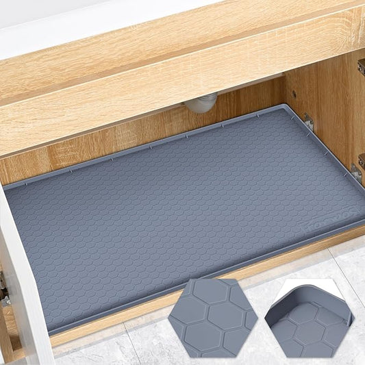 Waterproof Under Sink Mat 34" x 22", Silicone Cabinet Liner, Rubber Protector for Kitchen and Bathroom, Keeps Cabinets Clean, Dry, and Organized (Grey)