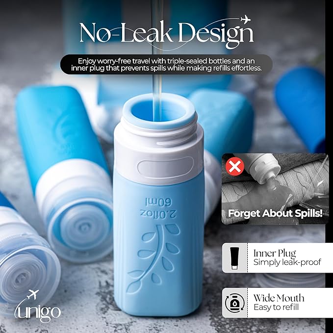 unigo Silicone Travel Bottles Set for Toiletries, Airplane Approved TSA Carry On Size, BPA Free Leakproof Refillable Squeeze Containers with Labels, Cleaning Brush and Covers (Blue)