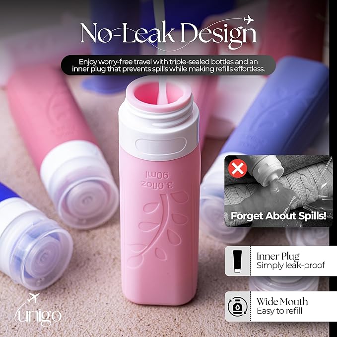 unigo Silicone Travel Bottles Set for Toiletries, Airplane Approved TSA Carry On Size, BPA Free Leakproof Refillable Squeeze Containers with Labels, Cleaning Brush and Covers (Purple)