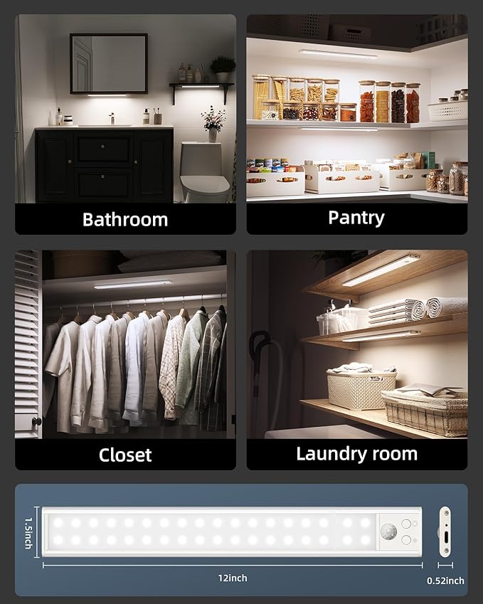 Under Cabinet Lights, Motion Sensor Light Indoor, Wireless Closet Lights, 2200mAh Rechargeable, Magnetic, 3 Color Temps, 5 Levels Dimmable, Under Counter Lights for Kitchen (2 Pack)