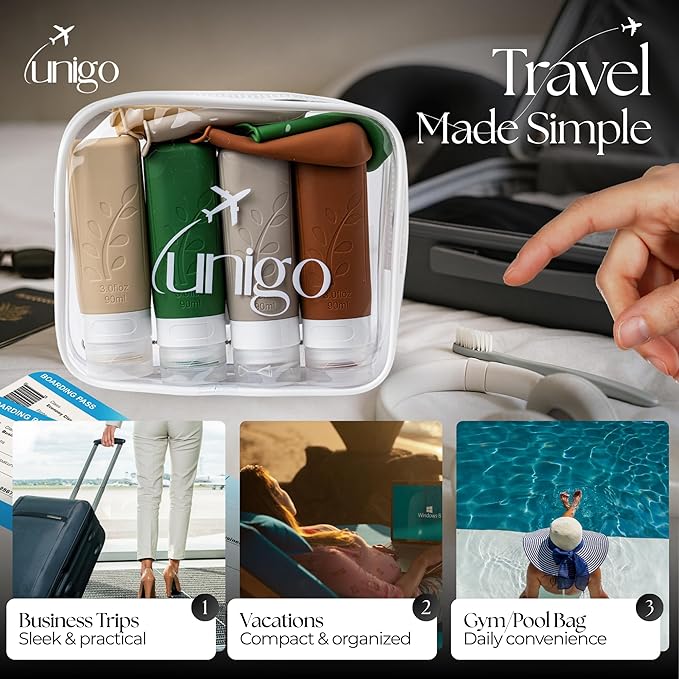 unigo Silicone Travel Bottles Set for Toiletries, Airplane Approved TSA Carry On Size, BPA Free Leakproof Refillable Squeeze Containers with Labels, Cleaning Brush and Covers (Multicolor C)