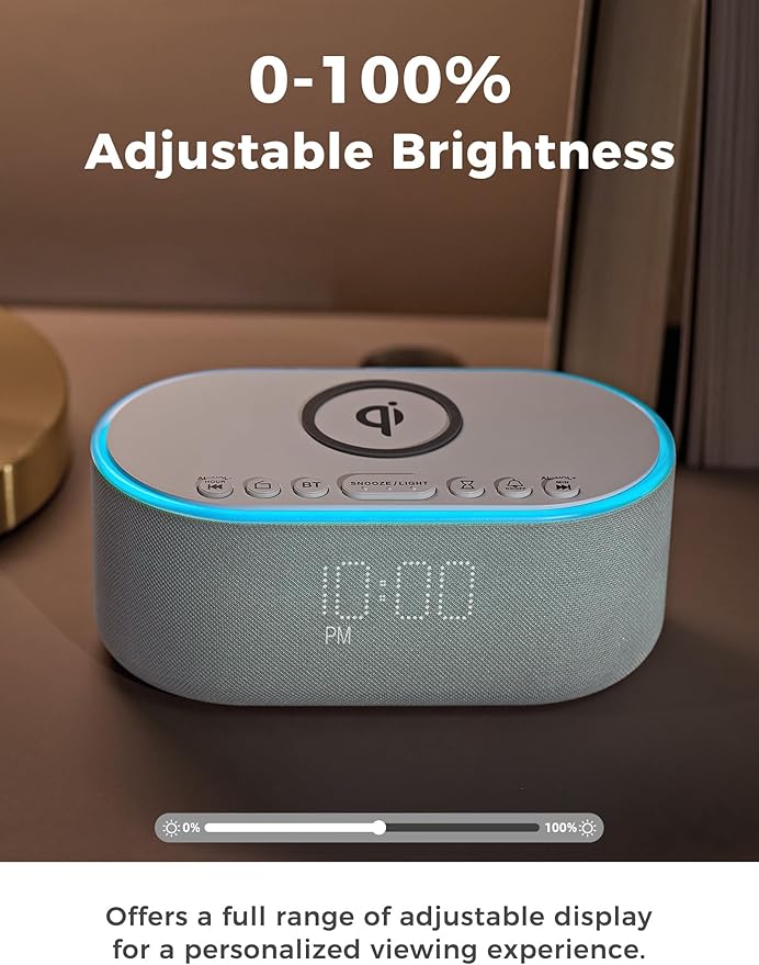 Wireless Charging Alarm Clock Radio: Qi Certified Fast Wireless Charger for iPhone Samsung - 10W Stereo Bluetooth Speaker - Dimmable Digital Clock with FM Radio for Bedroom Cloud Blue