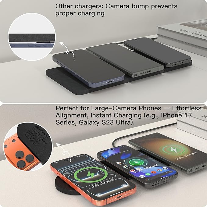 ZealSound Wireless Charging Pad,Triple Wireless Charger Pad Multiple Devices Compatible with iPhone Phone New AirPods Galaxy Buds Ultra-Slim PU Leather Wireless Charging Mat for Smartphone Phone Black
