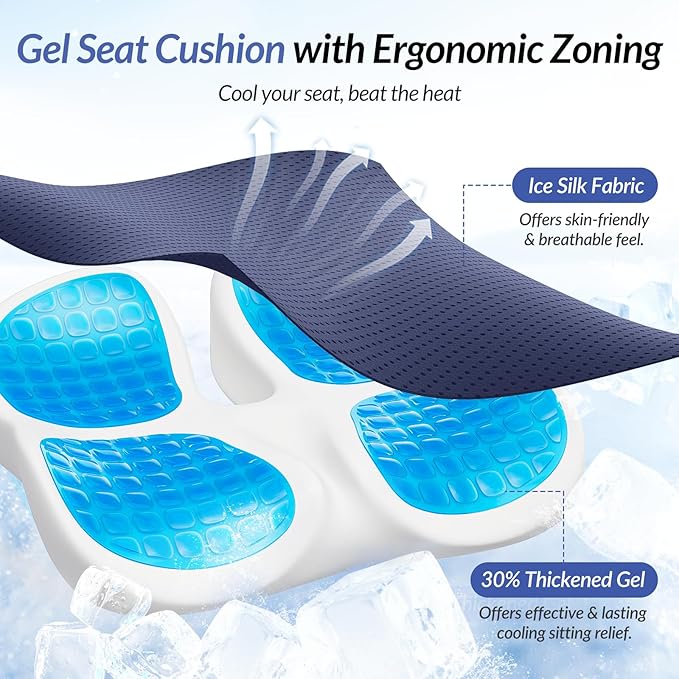 ZIKEE Gel Seat Cushion for Office Chair and Car Seat with Ergonomic Zoning, Memory Foam Chair Cushion for Sciatica, Lower Back, Tailbone Pain Relief and Intimate Ventilation, Non-Slip & Airy Cover