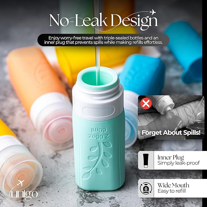 unigo Silicone Travel Bottles Set for Toiletries, Airplane Approved TSA Carry On Size, BPA Free Leakproof Refillable Squeeze Containers with Labels, Cleaning Brush and Covers (Multicolor A)