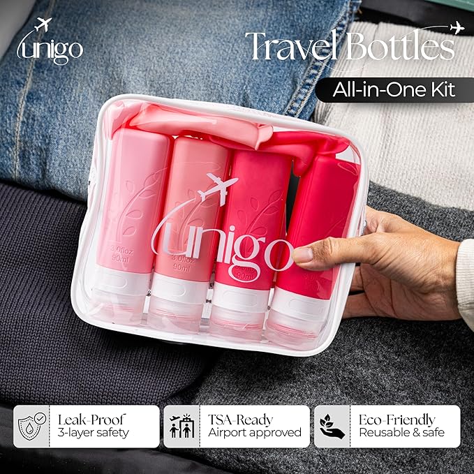 unigo Silicone Travel Bottles Set for Toiletries, Airplane Approved TSA Carry On Size, BPA Free Leakproof Refillable Squeeze Containers with Labels, Cleaning Brush and Covers (Pink)
