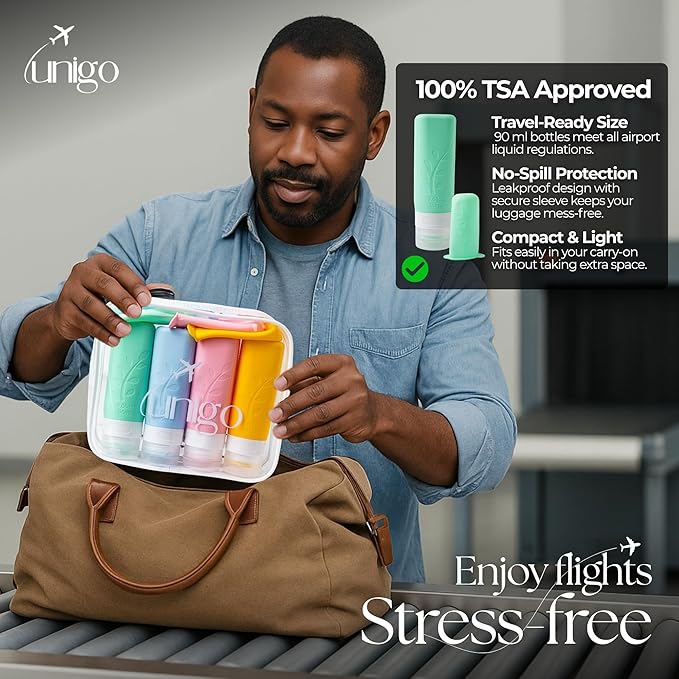 unigo Silicone Travel Bottles Set for Toiletries, Airplane Approved TSA Carry On Size, BPA Free Leakproof Refillable Squeeze Containers with Labels, Cleaning Brush and Covers (Multicolor A)
