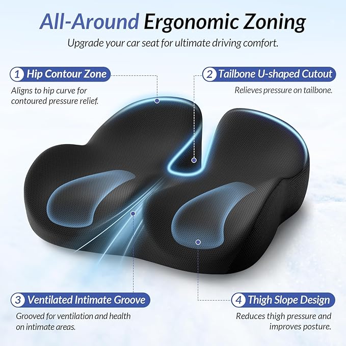 ZIKEE Car Seat Cushion for Driving with Cooling Gel, Ergonomic Memory Foam Seat Cushion for Car Provides Sciatica, Back, Tailbone Pain Relief and Intimate Ventilation, Anti-Slip & Breathable Cover