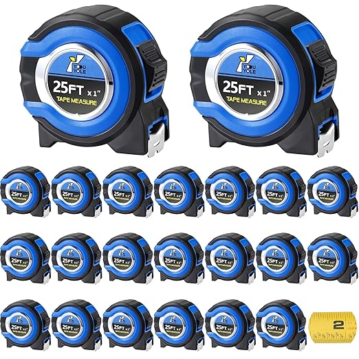 Youyole 20 Pack Tape Measure with Fractions 1/8 Steel Measuring Tape Retractable Easy Read Measurement Ruler Steel Power Blade (25 ft X 1 in,Blue)