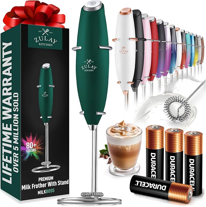 Zulay Kitchen Powerful Milk Frother Wand With 4 AA Duracell Batteries - Ultra Fast Handheld Drink Mixer - Electric Whisk Foam Maker for Coffee, Lattes, Cappuccino, Matcha & Creamer