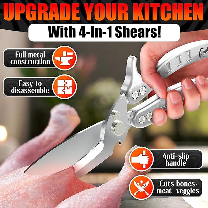 4-in-1 Multifunctional Heavy Duty Kitchen Shears – Spring-Loaded Sharp Seafood, Fish, Turkey & Chicken Kitchen Utility Scissors | Non-Slip Handle, Safety Lock & Micro-Serrated Blades for Bones(Silver)