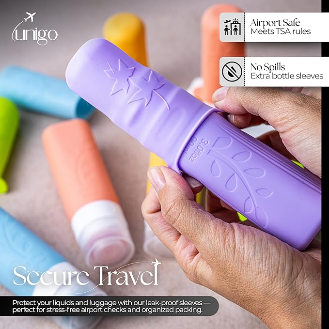 unigo Silicone Travel Bottles Set for Toiletries, Airplane Approved TSA Carry On Size, BPA Free Leakproof Refillable Squeeze Containers with Labels, Cleaning Brush and Covers (Multicolor A)