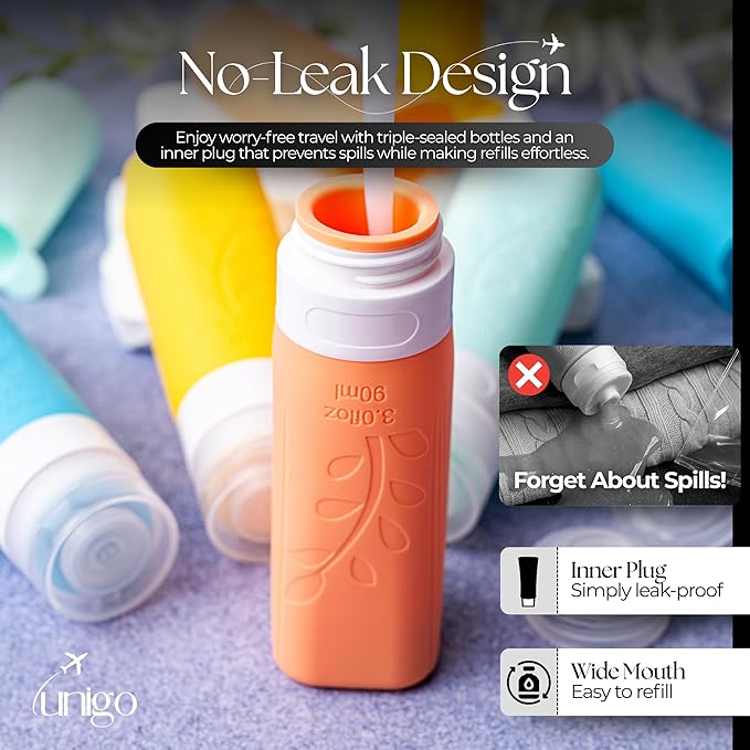 unigo Silicone Travel Bottles Set for Toiletries, Airplane Approved TSA Carry On Size, BPA Free Leakproof Refillable Squeeze Containers with Labels, Cleaning Brush and Covers (Multicolor B)