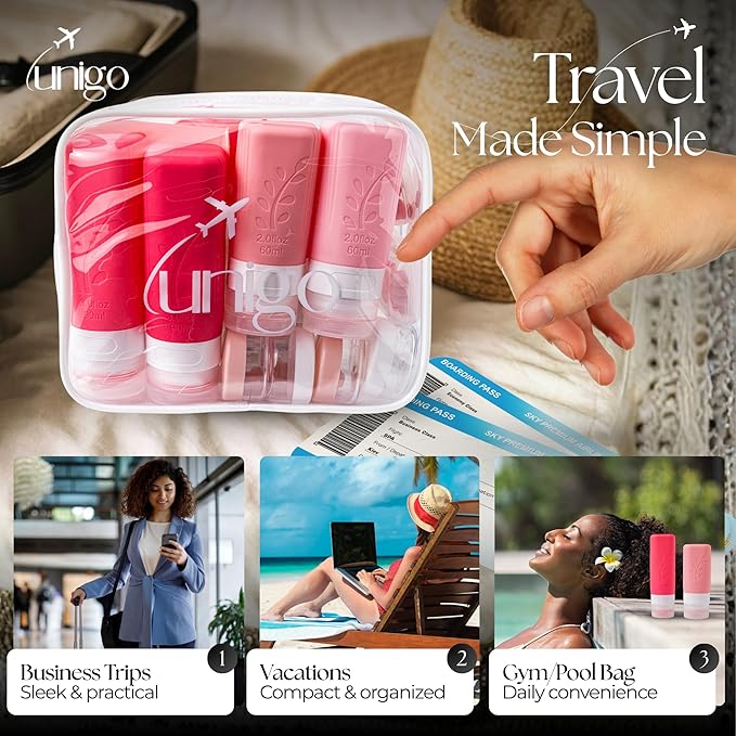 unigo Silicone Travel Bottles Set for Toiletries, Airplane Approved TSA Carry On Size, BPA Free Leakproof Refillable Squeeze Containers with Labels, Cleaning Brush and Covers (Pink)