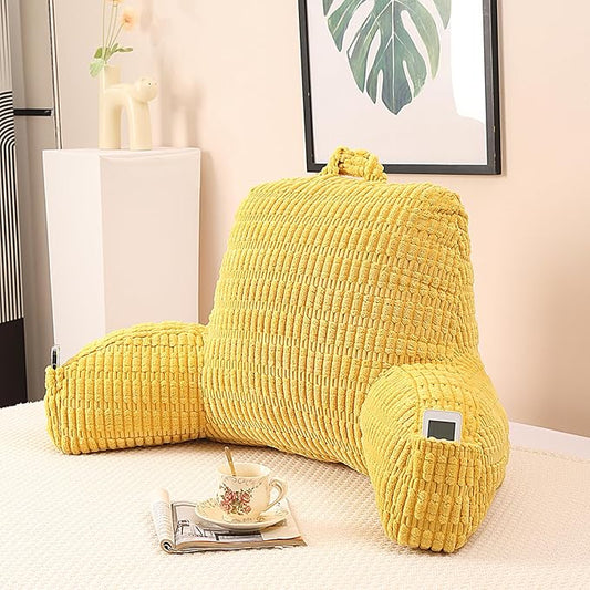 Reading Pillow for Sitting in Bed,Large Backrest Reading Pillow with Arm Rest,Back-Rest Support Cushion for Sit Up on Couch,Sofa,and Floor,Dorm Essentials (Yellow Corduroy, Large(19"))