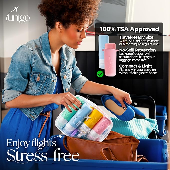 unigo Silicone Travel Bottles Set for Toiletries, Airplane Approved TSA Carry On Size, BPA Free Leakproof Refillable Squeeze Containers with Labels, Cleaning Brush and Covers (Multicolor A)