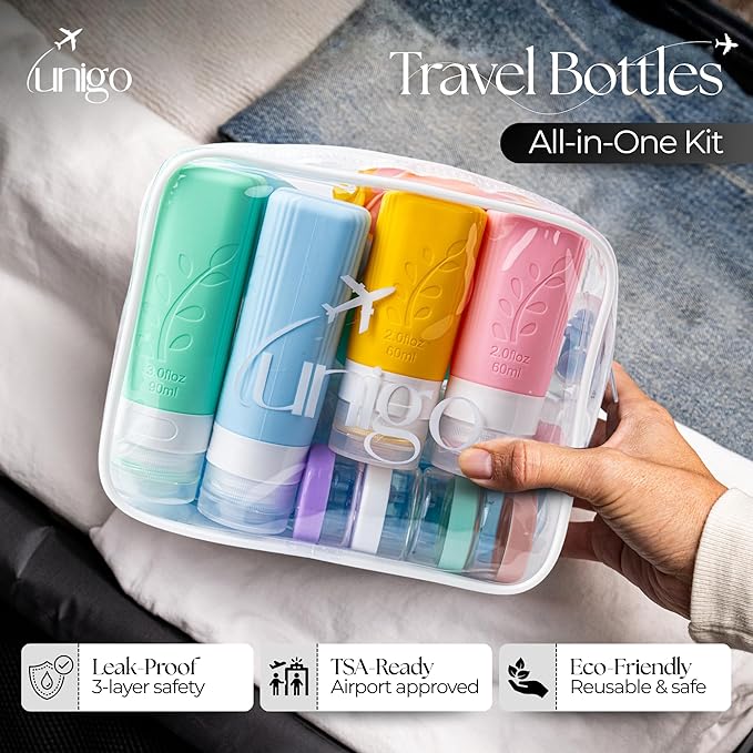 unigo Silicone Travel Bottles Set for Toiletries, Airplane Approved TSA Carry On Size, BPA Free Leakproof Refillable Squeeze Containers with Labels, Cleaning Brush and Covers (Multicolor A)