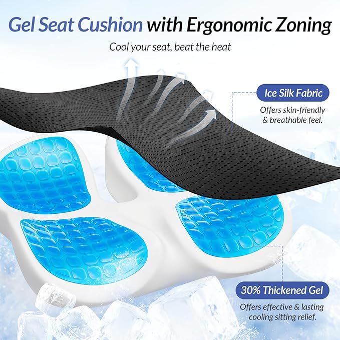 ZIKEE Car Seat Cushion for Driving with Cooling Gel, Ergonomic Memory Foam Seat Cushion for Car Provides Sciatica, Back, Tailbone Pain Relief and Intimate Ventilation, Anti-Slip & Breathable Cover