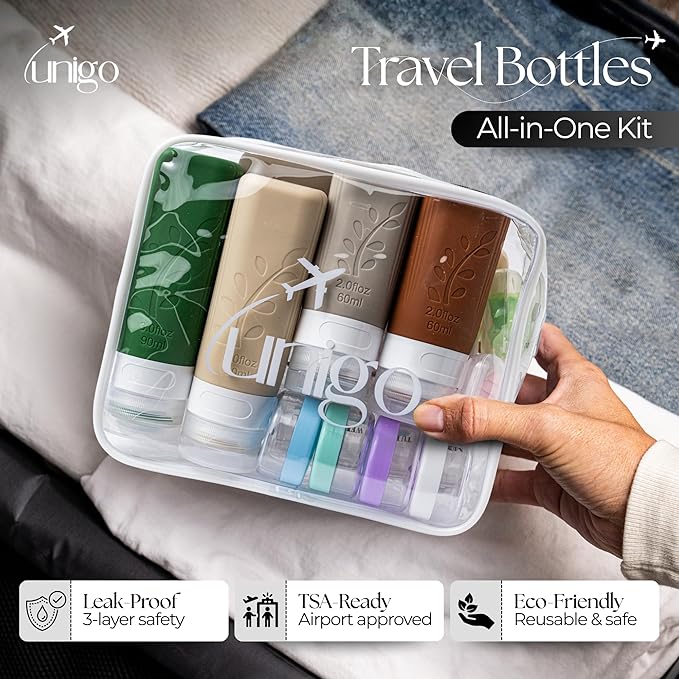 unigo Silicone Travel Bottles Set for Toiletries, Airplane Approved TSA Carry On Size, BPA Free Leakproof Refillable Squeeze Containers with Labels, Cleaning Brush and Covers (Multicolor C)