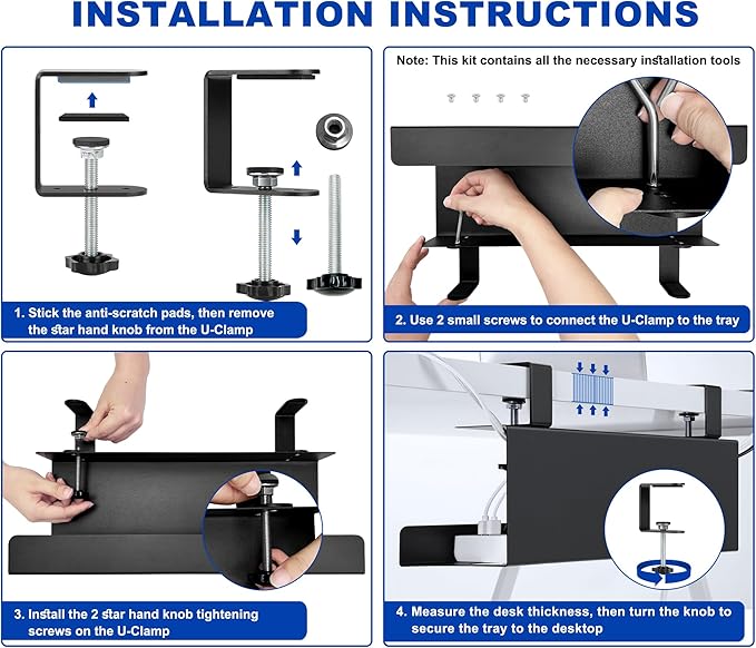 ZhiYo Steel 15.8in Cable Management Under Desk Tray, XL Clamp-On Under Table Cable Tray, No Drill Cord Hider Organizer for Desk, Wire Management Raceway, Black, W4.9in x H5.9in