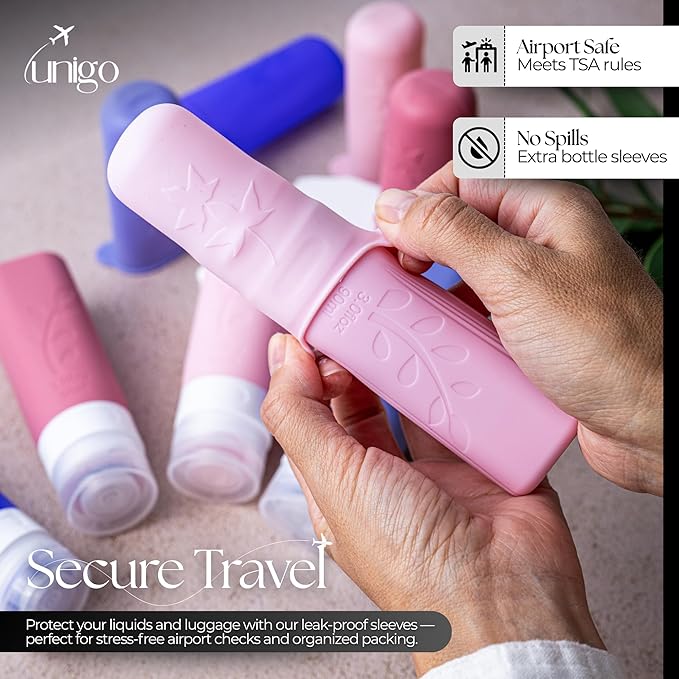 unigo Silicone Travel Bottles Set for Toiletries, Airplane Approved TSA Carry On Size, BPA Free Leakproof Refillable Squeeze Containers with Labels, Cleaning Brush and Covers (Purple)