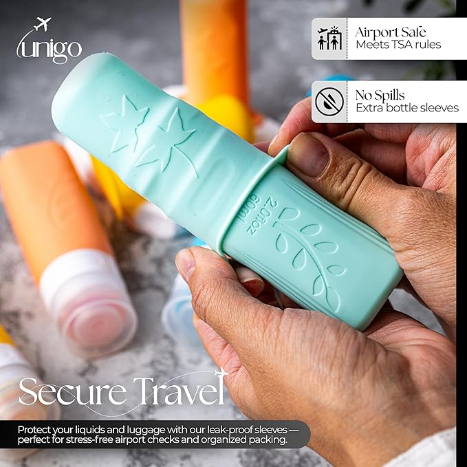 unigo Silicone Travel Bottles Set for Toiletries, Airplane Approved TSA Carry On Size, BPA Free Leakproof Refillable Squeeze Containers with Labels, Cleaning Brush and Covers (Multicolor B)